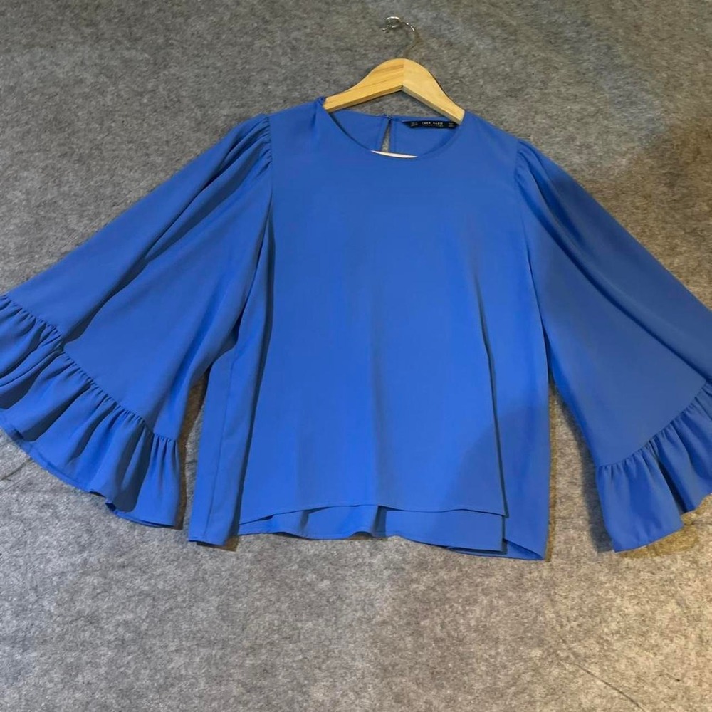 Zara Basic Blue Ruffle Bell Sleeve Keyhole Back Blouse Top Small